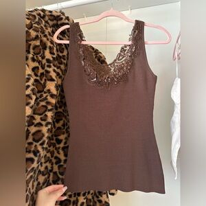 Brown Lace Trim sequin Tank Top, vintage Cachè